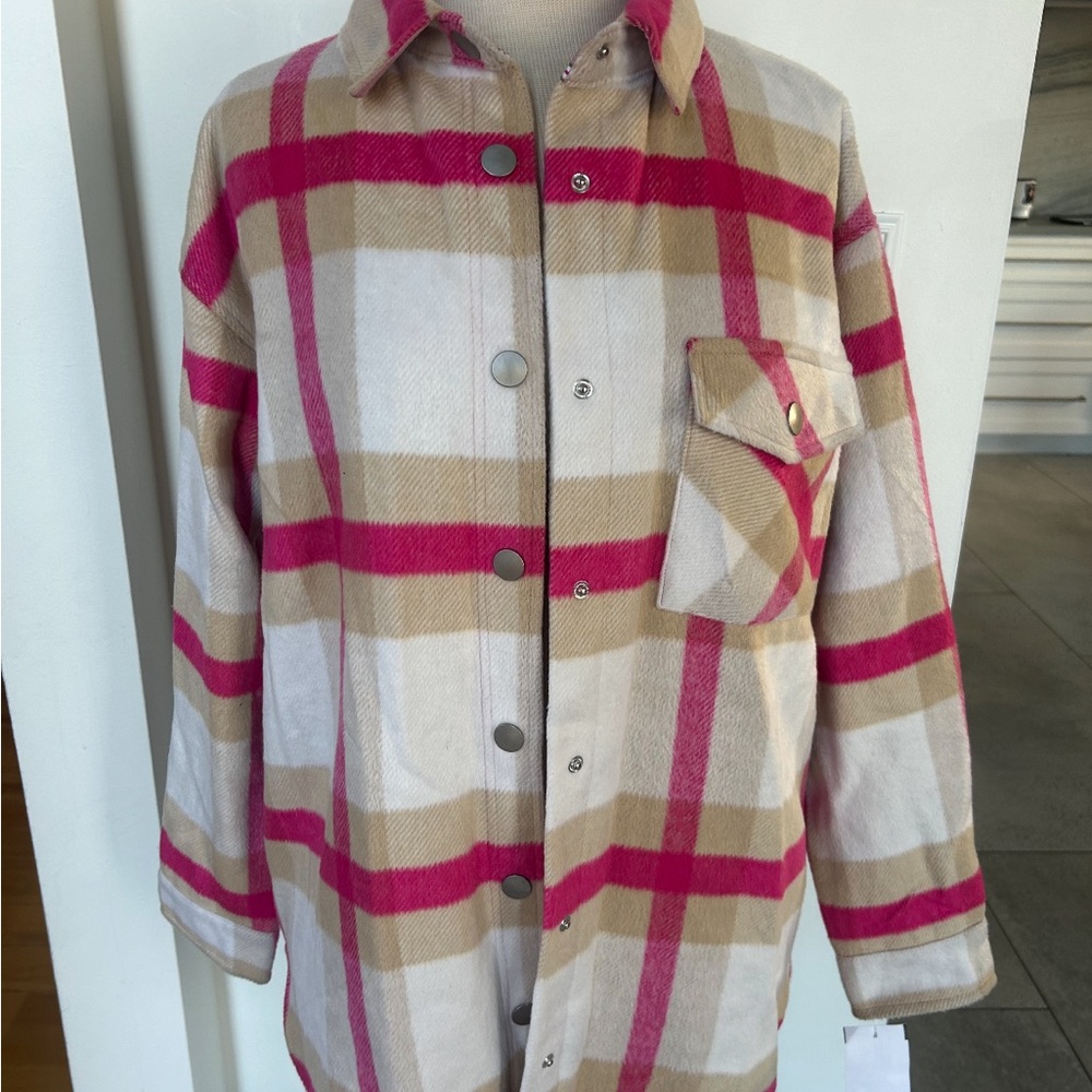 Monrow Pink and Cream Plaid Jacket - Picture 3 of 11